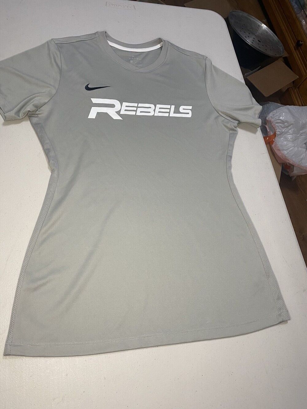 Nike Women’s Active Grey Shirt, Logo Swoosh, Dri Fit Short Sleeve , Size Medium